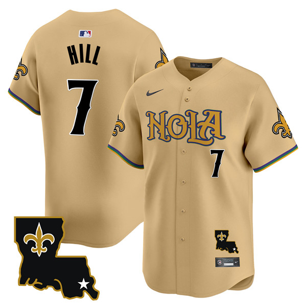 Men's New Orleans Saints #7 Taysom Hill Gold Cool Base Stitched Baseball Jersey Men's New Orleans Saints #7 Taysom Hill Gold Cool Base Stitched Baseball Jersey